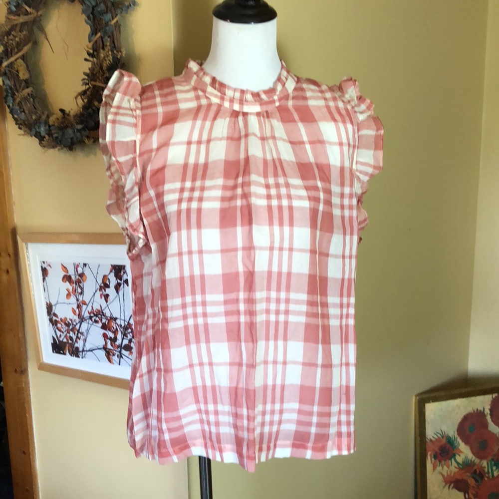 ISABELE SINCLAIR size XL Plaid Pink-Ecru Hi-Collar Ruffle Buttonfront $88 NEW